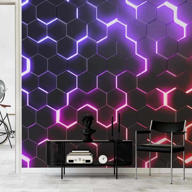 moderne Fototapete Strukturierte Hexagone mit Neonlicht in Rosa und Lila