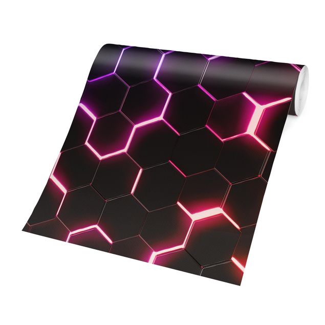 Wandtapete schwarz Strukturierte Hexagone mit Neonlicht in Rosa und Lila