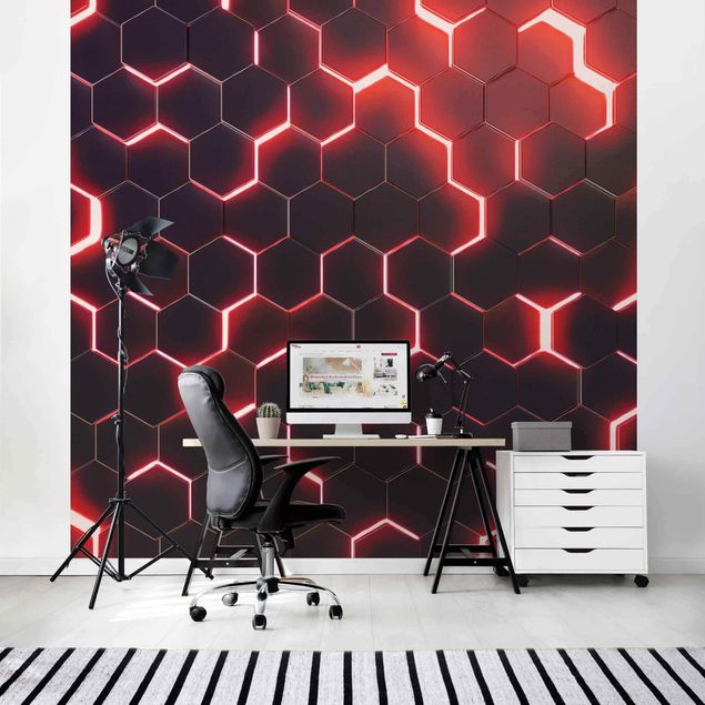 geometrische Tapete Strukturierte Hexagone mit Neonlicht in Rot