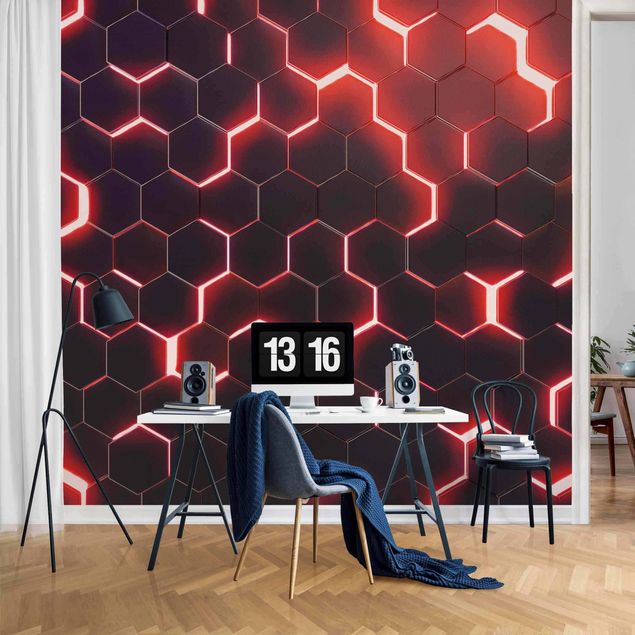 Fototapete 3D Strukturierte Hexagone mit Neonlicht in Rot
