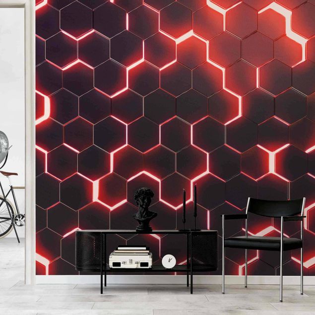 Muster Tapete Strukturierte Hexagone mit Neonlicht in Rot