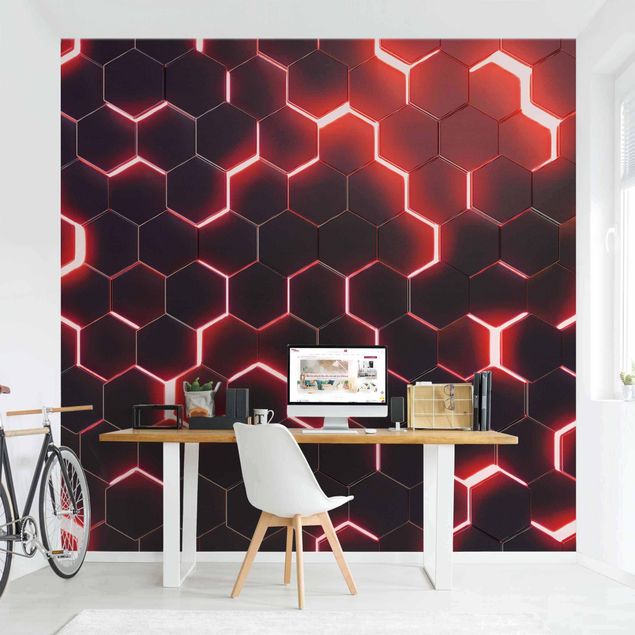 moderne Fototapete Strukturierte Hexagone mit Neonlicht in Rot