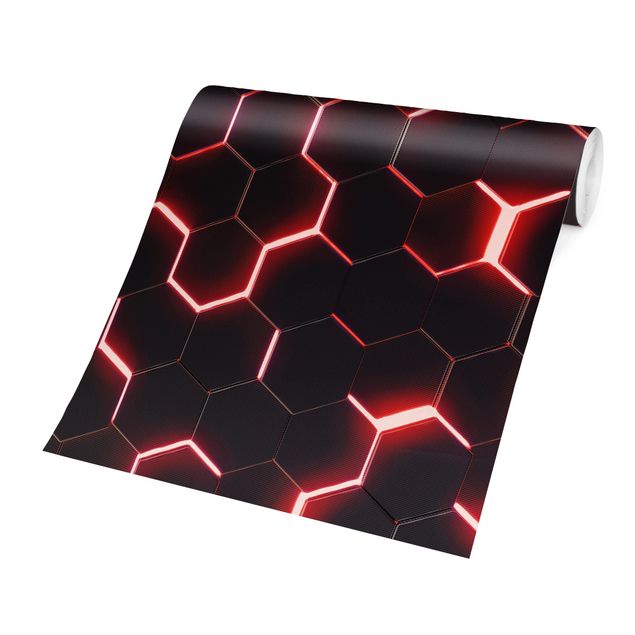 Wandtapete schwarz Strukturierte Hexagone mit Neonlicht in Rot