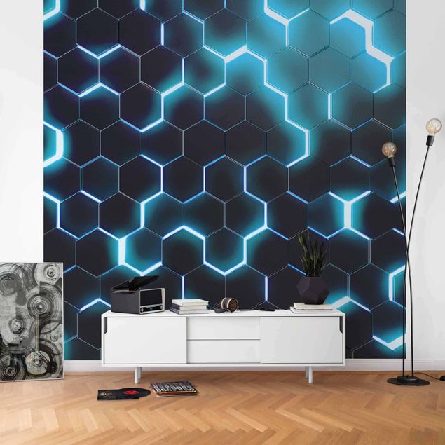 moderne Fototapete Strukturierte Hexagone mit Neonlicht in Türkis
