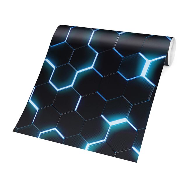 Wandtapete schwarz Strukturierte Hexagone mit Neonlicht in Türkis