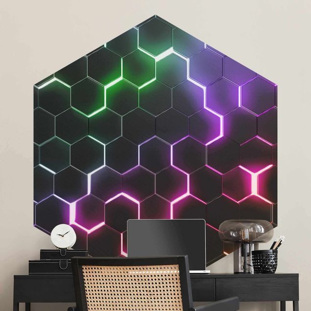 Mustertapeten Strukturierte Hexagone mit Neonlicht