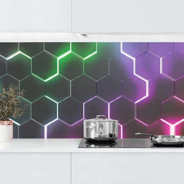 Glasrückwand Küche Strukturierte Hexagone mit Neonlicht