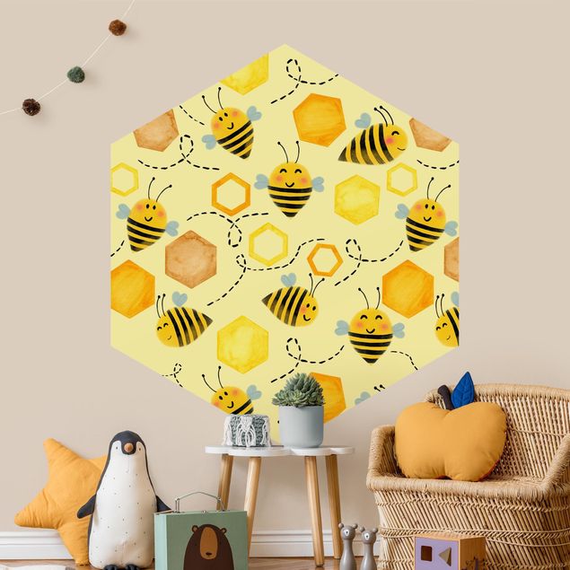 Tapeten Modern Süßer Honig mit Bienen Illustration