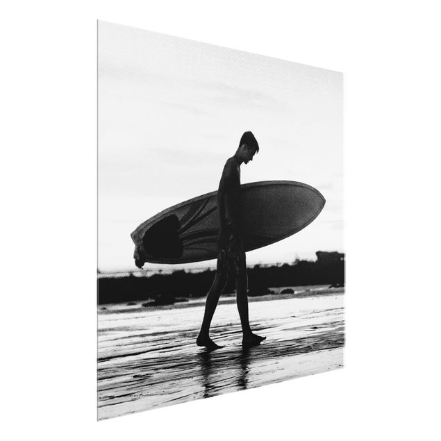 Glasbild Meer Surferboy im Schattenprofil