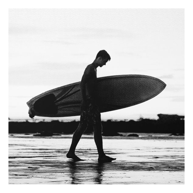 schwarz weiß Glasbilder Surferboy im Schattenprofil
