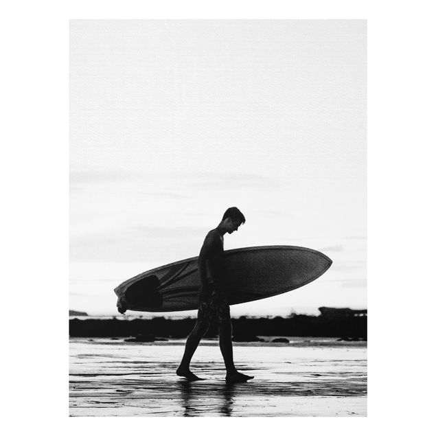 Glasbild schwarz-weiß Surferboy im Schattenprofil