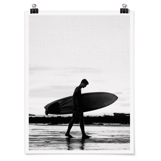 Poster schwarz-weiß Surferboy im Schattenprofil