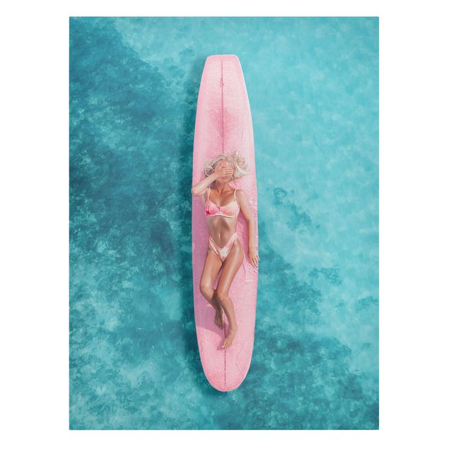 Leinwandbilder Meer Surfergirl auf Rosa Board