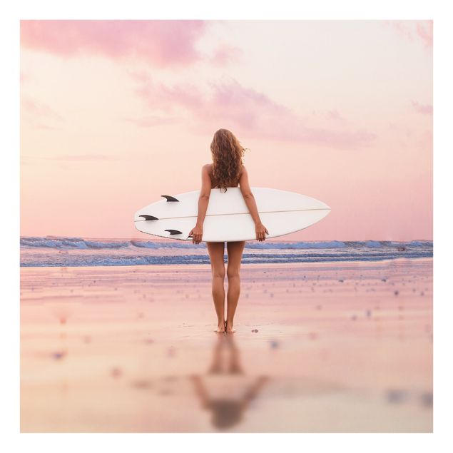 Glasbilder Natur Surfergirl mit Board im Abendrot