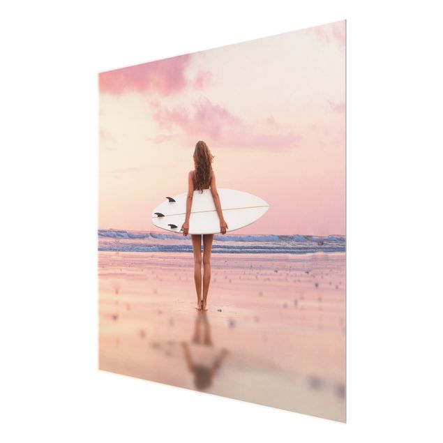 Wandbilder Natur Surfergirl mit Board im Abendrot