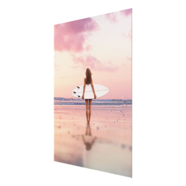Wandbilder Natur Surfergirl mit Board im Abendrot