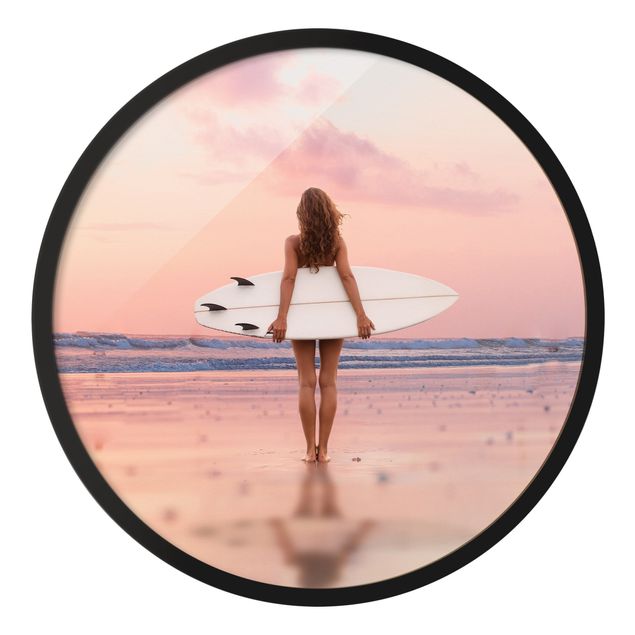 Wandbilder Meer Surfergirl mit Board im Abendrot