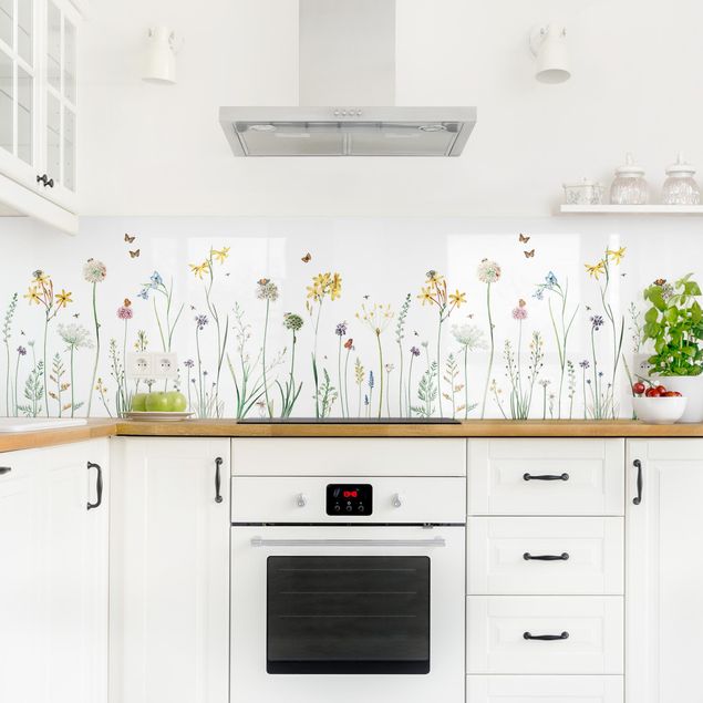 Spritzschutz Küche Glas Tanzende Schmetterlinge auf Wildblumen