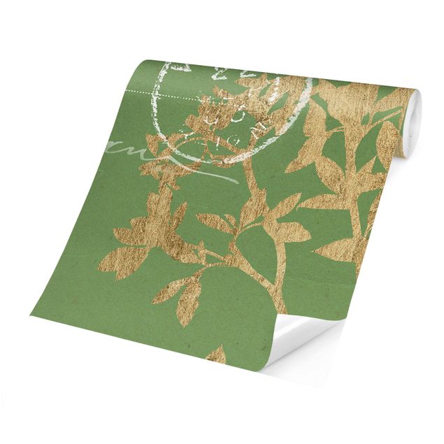 Wandtapete gruen Goldene Blätter auf Lind II