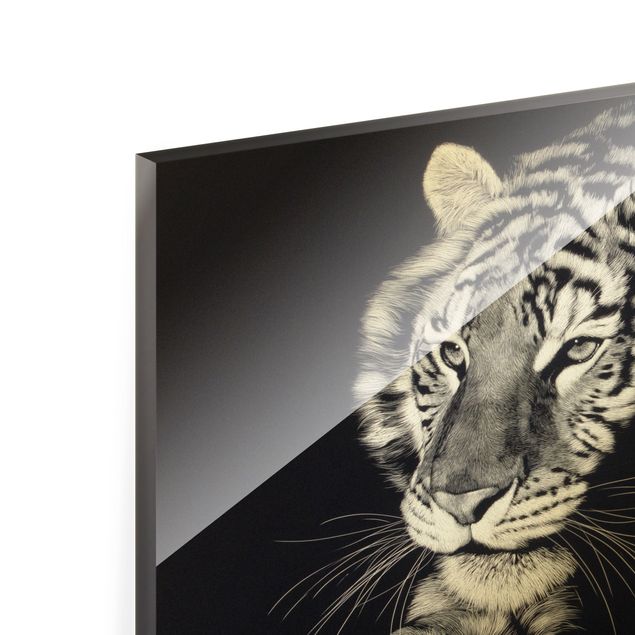 Wandbilder Schwarz-Weiß Tiger im Sonnenlicht vor Schwarz