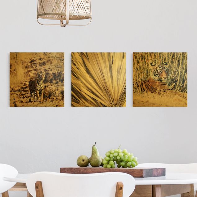 Wandbilder Landschaften Tiger und goldene Palmenblätter