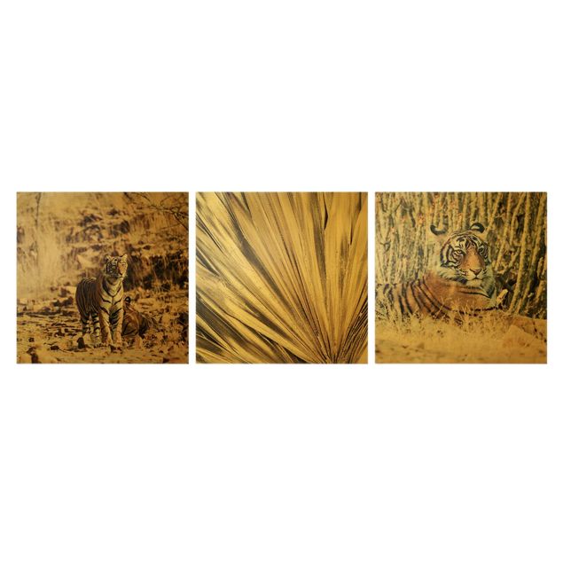 Natur Leinwand Tiger und goldene Palmenblätter
