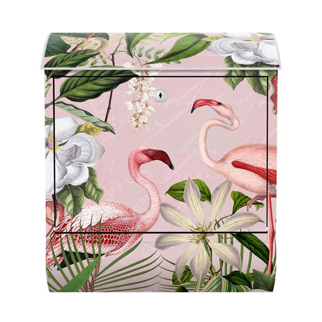 Briefkasten mit Blumen Tropische Flamingos mit Pflanzen in Rosa