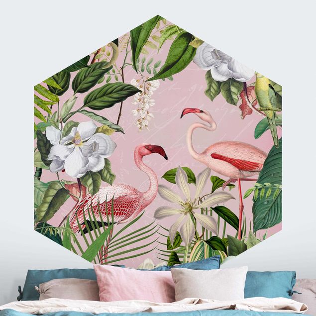 Küche Dekoration Tropische Flamingos mit Pflanzen in Rosa
