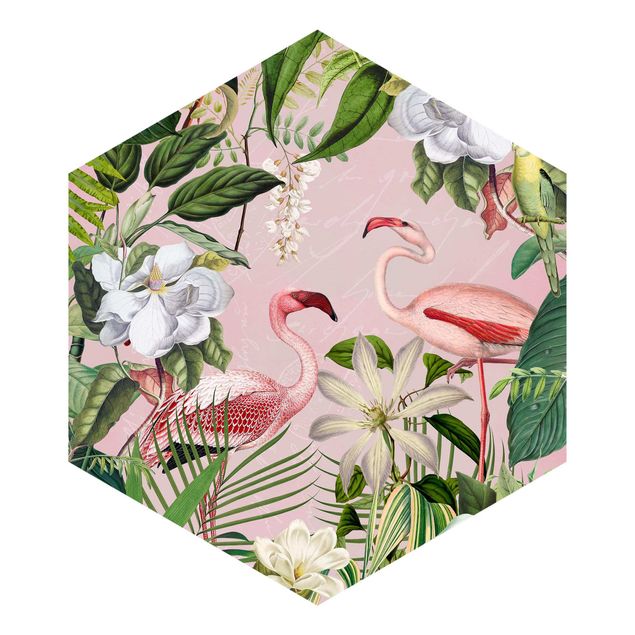 Blumentapete Tropische Flamingos mit Pflanzen in Rosa