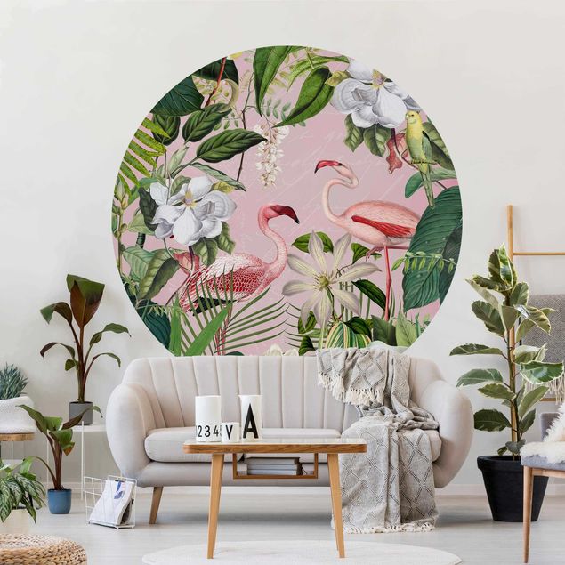 Wanddeko Küche Tropische Flamingos mit Pflanzen in Rosa