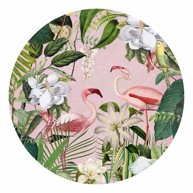 Retro Tapete Tropische Flamingos mit Pflanzen in Rosa