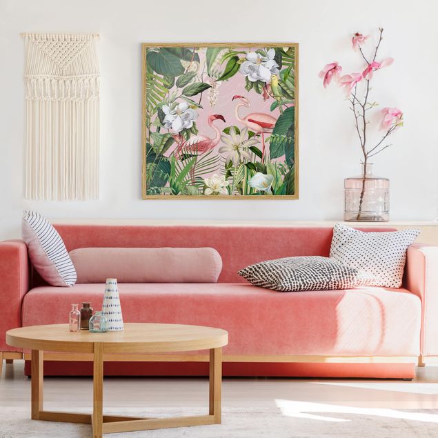 gerahmte Blumenbilder Tropische Flamingos mit Pflanzen in Rosa