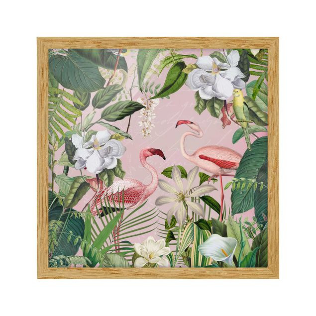 Wandbilder Blumen Tropische Flamingos mit Pflanzen in Rosa