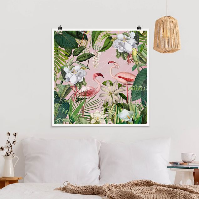 Wanddeko Küche Tropische Flamingos mit Pflanzen in Rosa