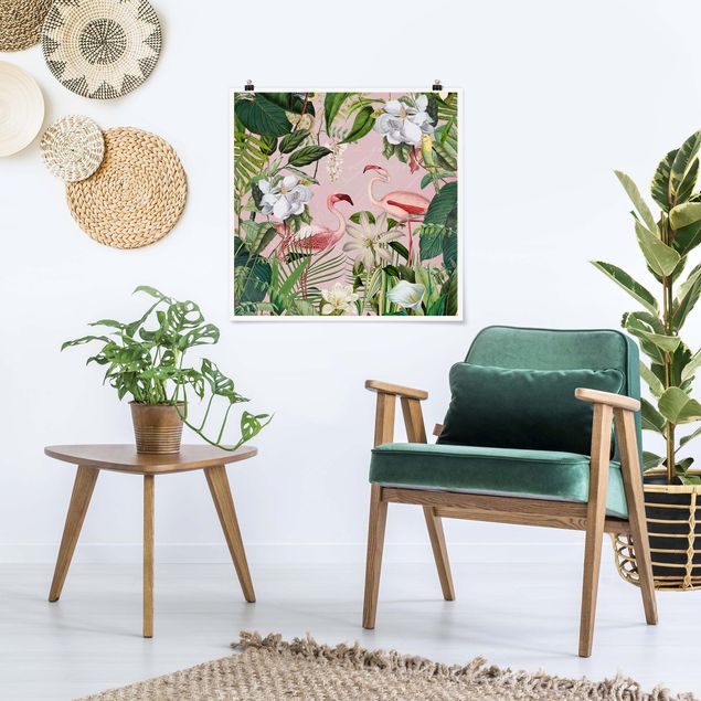 Poster Blumen Tropische Flamingos mit Pflanzen in Rosa