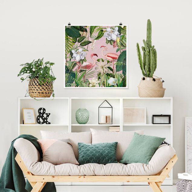 Wandbilder Floral Tropische Flamingos mit Pflanzen in Rosa