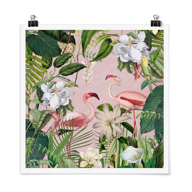Poster Kunstdruck Tropische Flamingos mit Pflanzen in Rosa