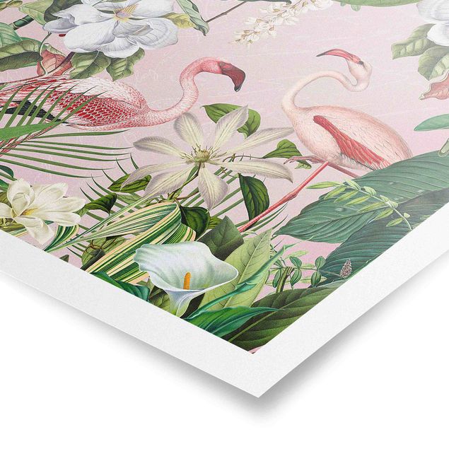 Wandbilder Rosa Tropische Flamingos mit Pflanzen in Rosa