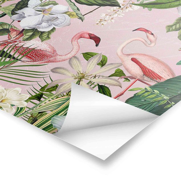 Wandbilder Tropische Flamingos mit Pflanzen in Rosa