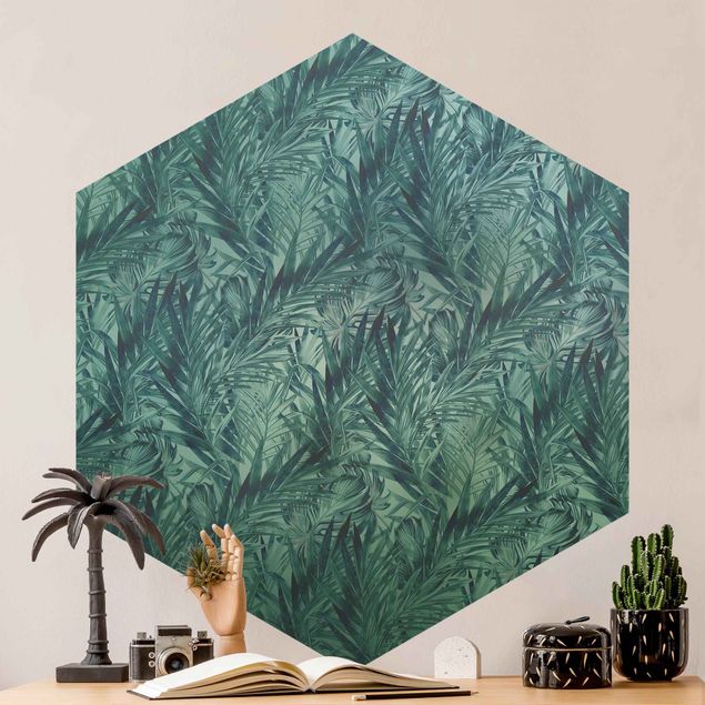 Fototapete modern Tropische Palmenblätter auf Türkisverlauf