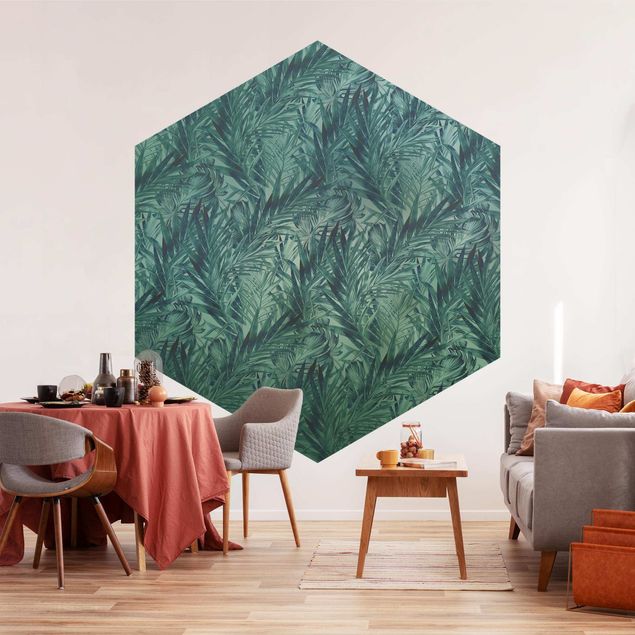 Hexagon Tapete Tropische Palmenblätter auf Türkisverlauf