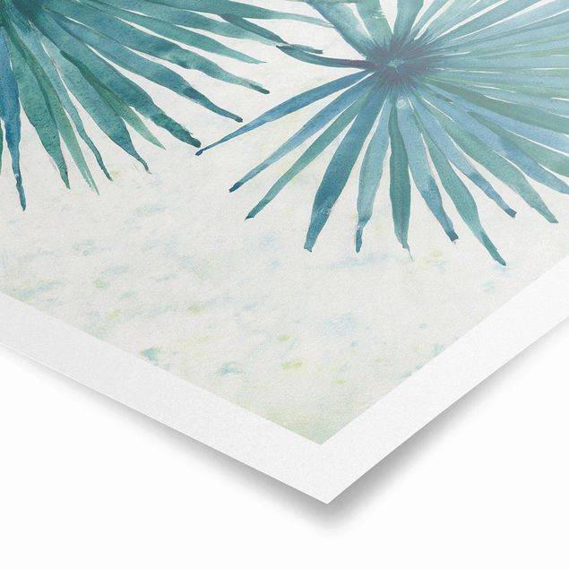 Wandbilder Blau Tropische Palmenblätter Close-Up