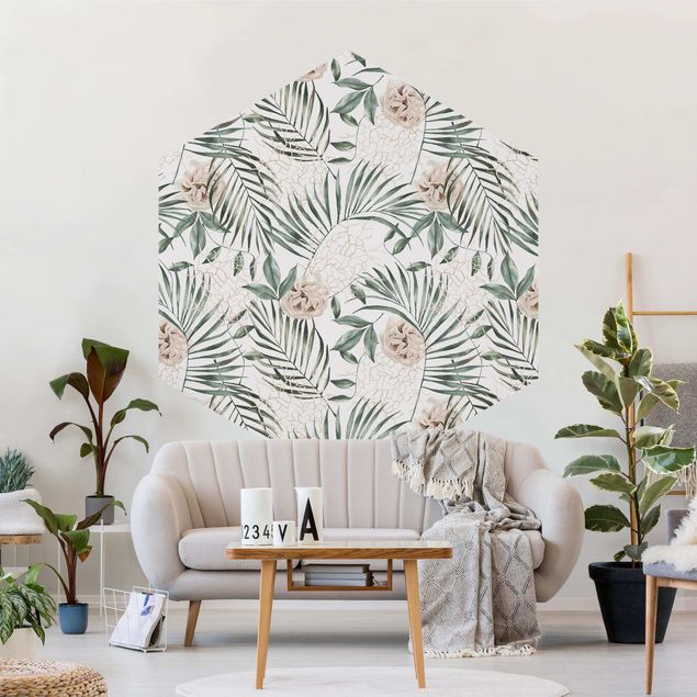 Fototapete modern Tropische Palmenbögen mit Rosen Aquarell