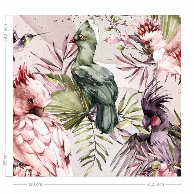 Vorhang Blumen Tropische Vögel - Bunte Kakadus und Kolibri