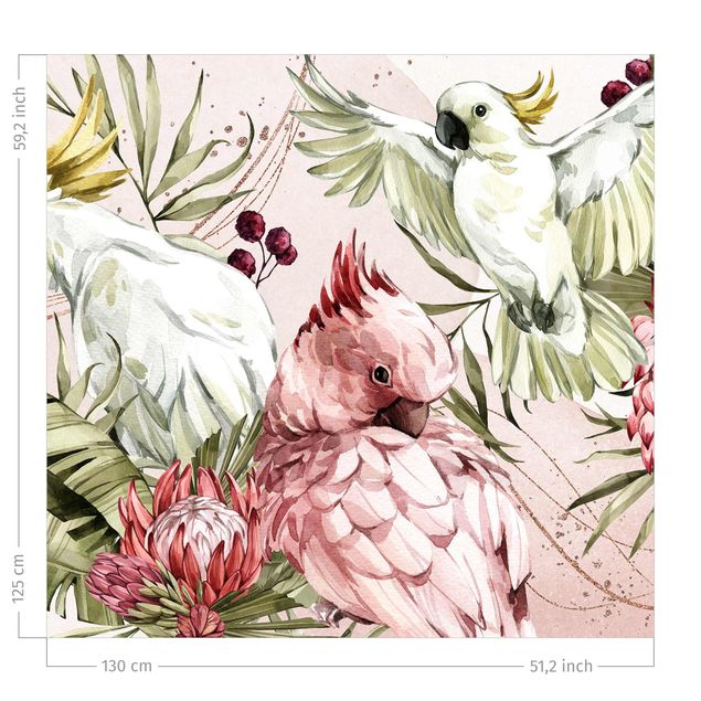 Vorhänge Blumen Tropische Vögel - Kakadus Pink und Weiß