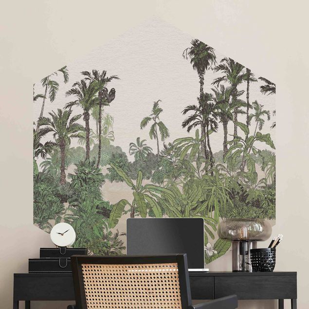 Tapeten Modern Tropische Zeichnung - Dschungel mit Aquarell