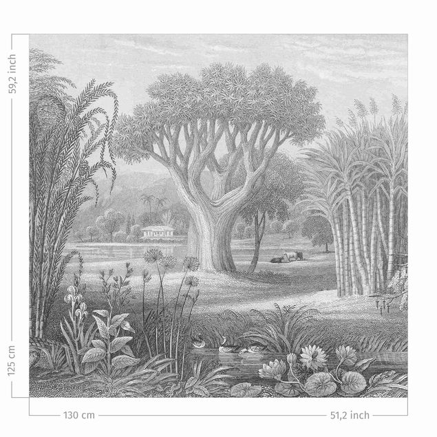 Vorhänge nach Maß Tropischer Kupferstich Garten mit Teich in Grau