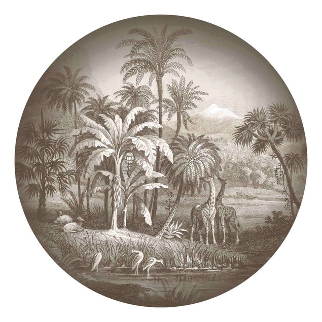 Fototapete modern Tropischer Kupferstich mit Giraffen in Braun