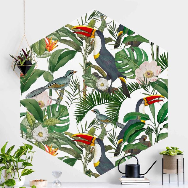 Küche Dekoration Tropischer Tukan mit Monstera und Palmenblättern