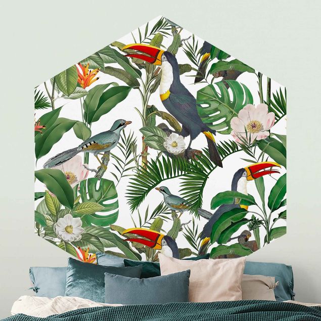 Tapete Vögel Tropischer Tukan mit Monstera und Palmenblättern
